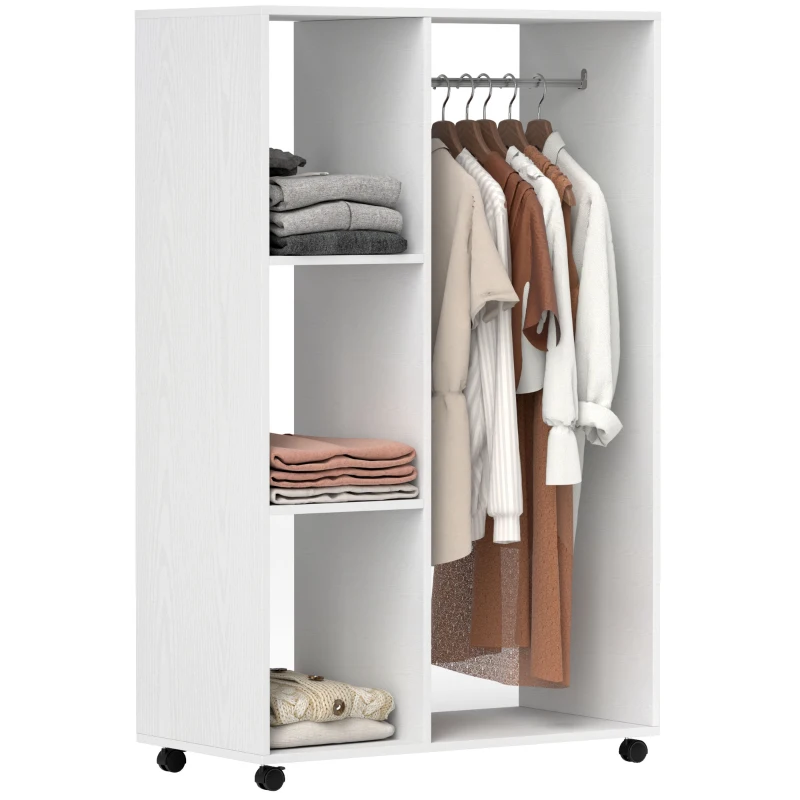 HOMCOM Kleiderschrank auf Rollen, mobile Garderobe, Garderobenschrank, Rollbarer Kleiderständer, 80 x 40 x 128 cm, Weiß(m-10)