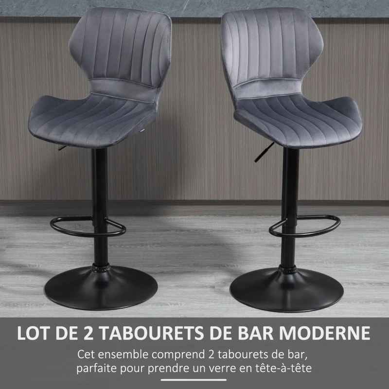 HOMCOM Lot de 2 Tabouret de Bar Design Contemporain Hauteur d'assise réglable 60-82 cm pivotant 360° Repose-Pied Velours Gris