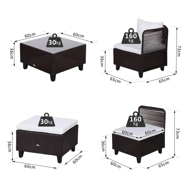 Outsunny Set Mobili da Giardino 5 Pezzi Tavolino con Piano in Vetro Temperato Rattan 3 Poltrone 1 Poggiapiedi 1 in Acciaio, Rattan
