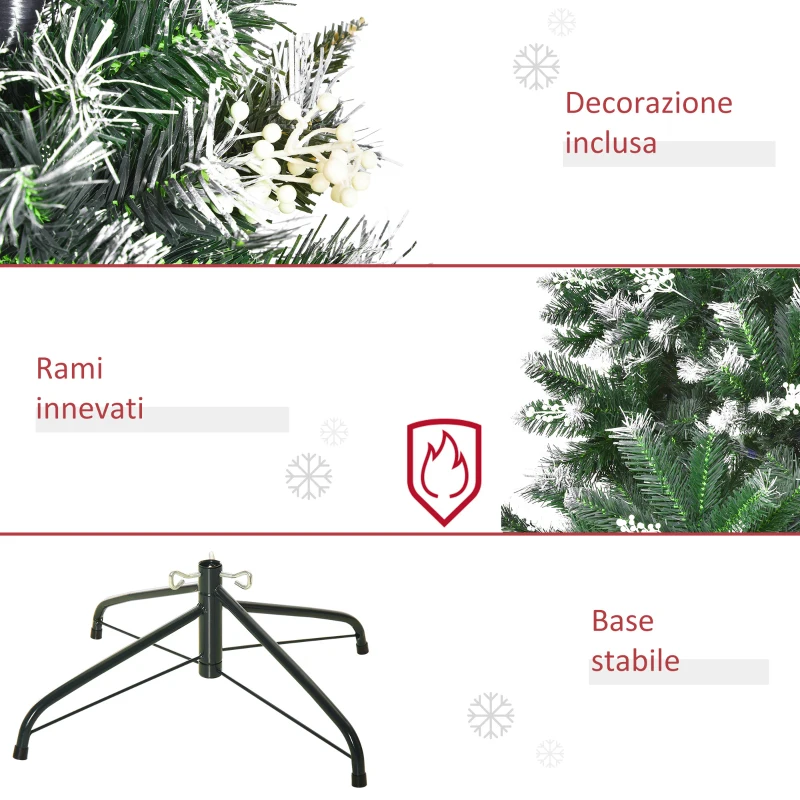 HOMCOM Albero di Natale Innevato 150cm con Bacche Decorative Bianche, Base Rimovibile Pieghevole, 378 Rami, Verde
