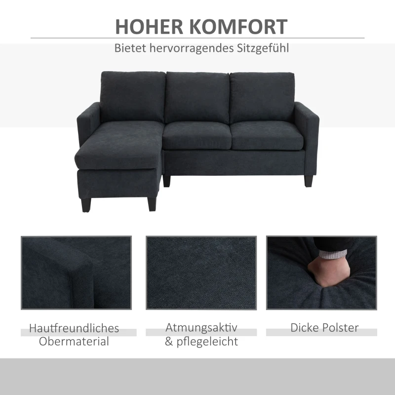 HOMCOM Ecksofa, Couchgarnitur, mit wendbarer Chaiselongue, 197 x 139 x 91cm, dunkelgrau