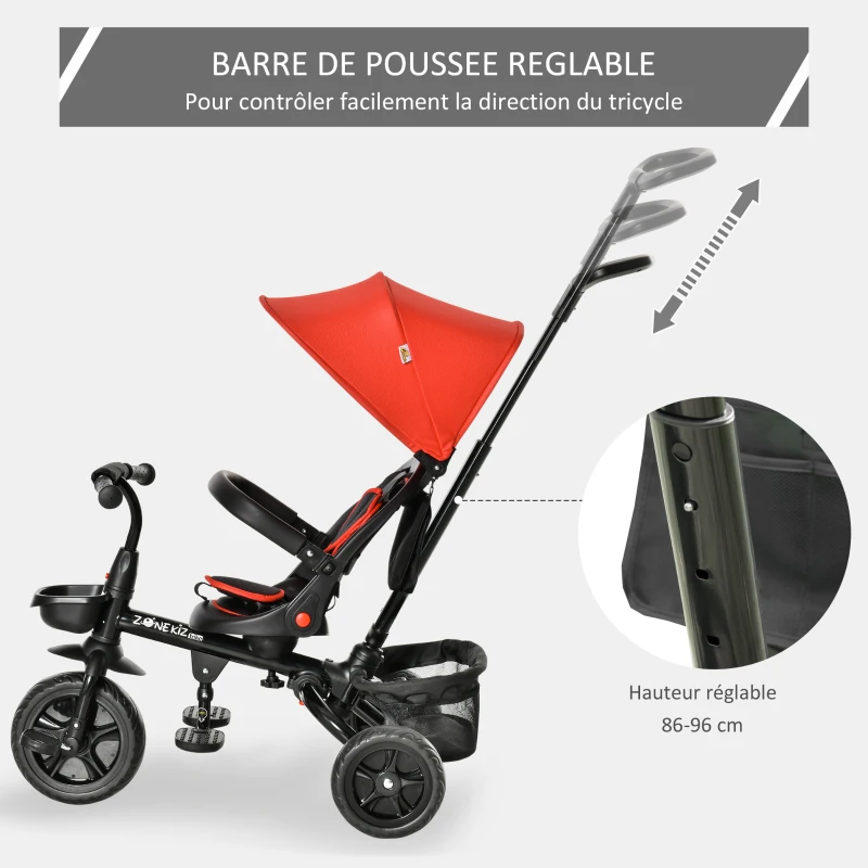 HOMCOM Tricycle Enfant évolutif Pliable 4 en 1 Multifonction - Pare-Soleil, Canne télescopique Amovible - siège pivotant, Harnais, Arceau sécurité - 3 paniers Rangement - métal PP Rouge Noir