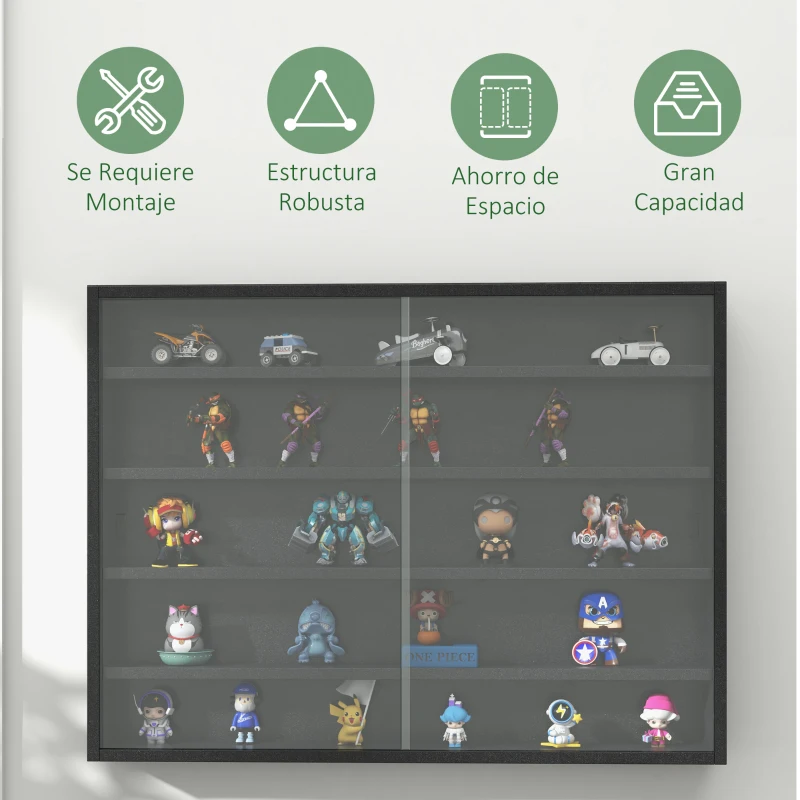 HOMCOM Vitrina de Pared Vitrina de Madera con Estantes Ajustables y 2 Puertas Correderas de Cristal 80x9,5x60 cm Negro