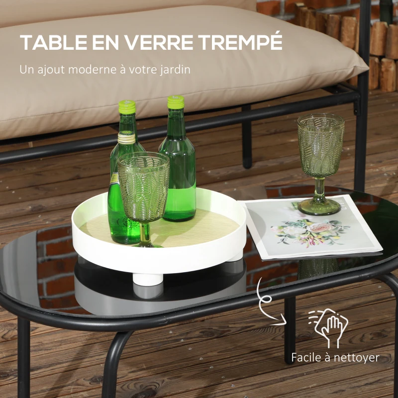 Outsunny Salon de jardin 4 pièces avec canapé 2 places, 2 fauteuils et table basse - plateau en verre trempé 3 coussins