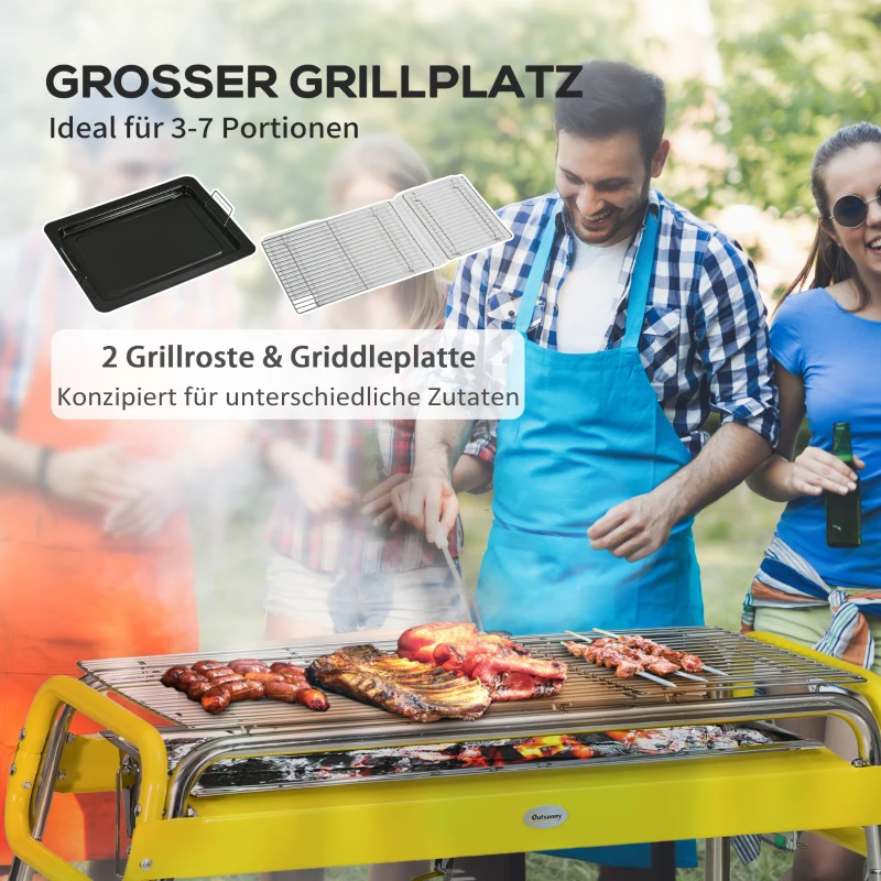 Outsunny Kohlegrill, Klappgrill, 2 x Grillrost, Grillplatte, herausnehmbare Schale, rostfreier Stahl, 85 x 43 x 72 cm, Gelb