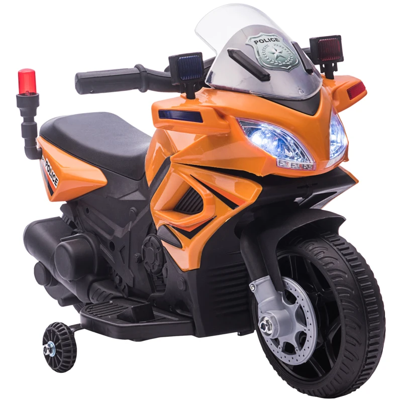 HOMCOM Kinder Polizei Elektromotorrad Polizeimotorrad Elektroauto Kinderwagen für 18 bis 36 Monaten mit 2 Scheinwerfer Polizeilichter Elektroquad Orange+Schwarz 69 x 39 x 43 cm