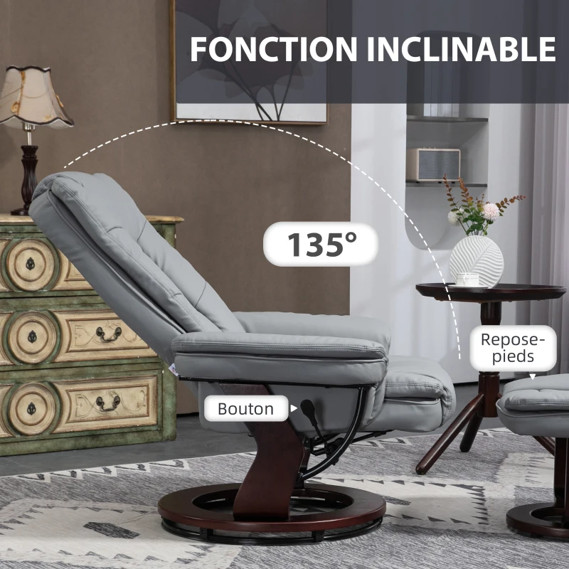 HOMCOM Fauteuil relax inclinable 135° grand confort pivotant 360° avec repose-pieds revêtement synthétique gris(m-4)