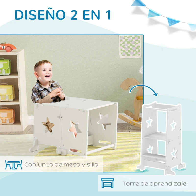 AIYAPLAY Torre de Aprendizaje 2 en 1 Convertible en Mesa y Silla con Barra de Seguridad 60x44,5x86 cm Blanco