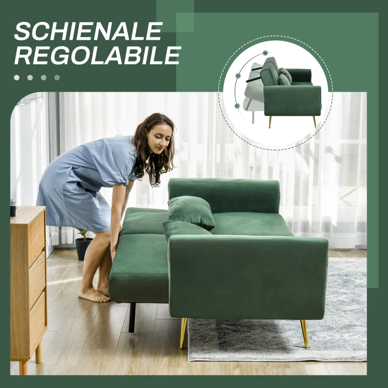 HOMCOM Divano Letto 3 Posti con Design Clic Clac e 2 Cuscini, in Tessuto Effetto Velluto, 206x81x83 cm, Verde