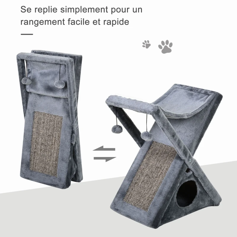 PawHut Arbre à chats pliable design grattoir sisal naturel niche hamac jeu boules suspendues gris