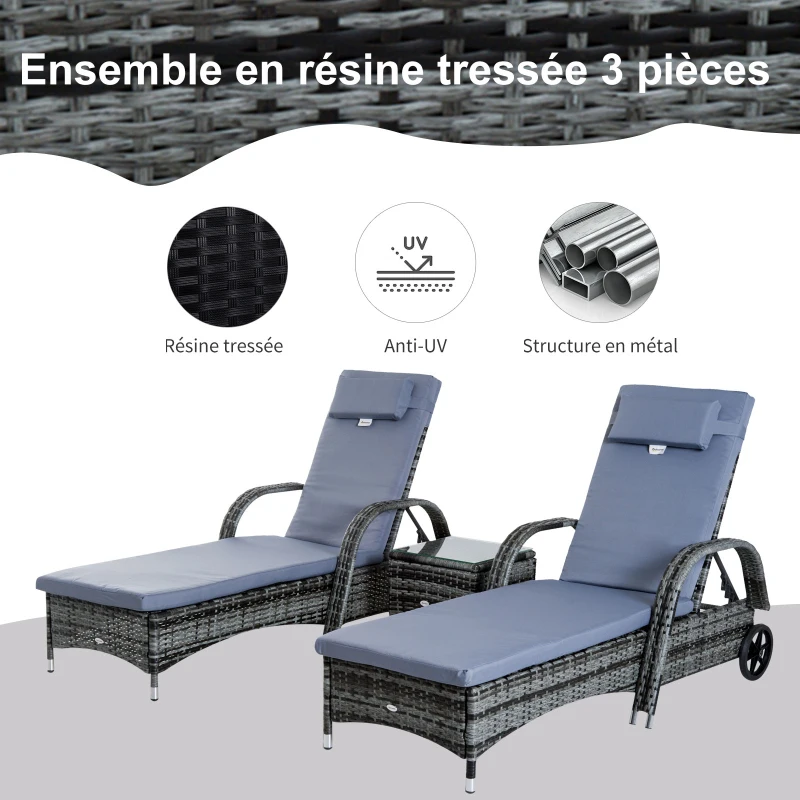 Outsunny Lot de 2 transats bains de soleil grand confort : matelas, têtière, inclinaison réglable multipositions, accoudoirs, roulettes + table basse verre trempé résine tressée gris