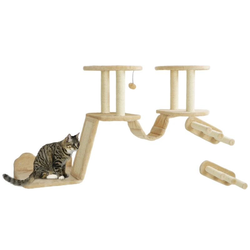 PawHut Katzentreppen-Set, Wand- und Deckenmontage, für Katzen bis 5 kg, Beige