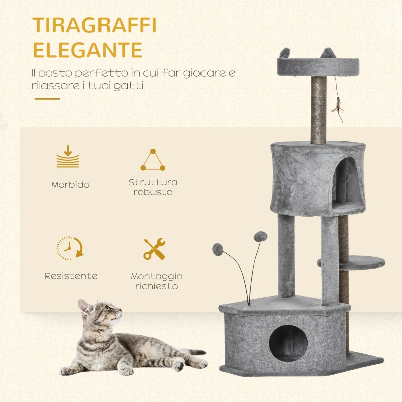 PawHut Albero Tiragraffi per Gatti 4.5kg con Pali in Sisal e Rivestimento in Peluche, Altezza 133cm - Grigio