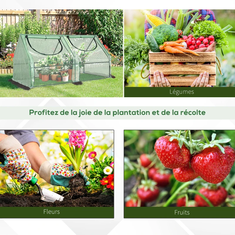 Outsunny Mini Serre de Jardin Serre à tomates mini serre tunnel Double bâche toit pointu 180L x 90l x 90H cm Acier PE PVC 2 fenêtres avec Zip enroulables Vert