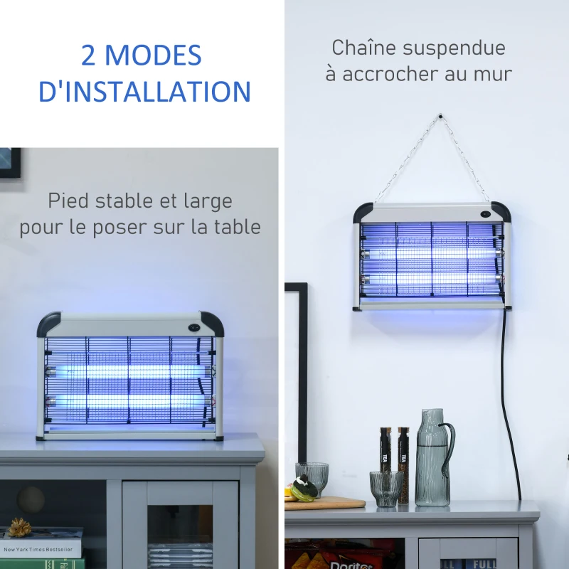 Outsunny Lampe anti-moustique, tueur d'insectes électrique UV 20W, tue-mouche électrique, efficace sur une surface de 60 m², piège à moustique pour intérieur et extérieur, gris foncé