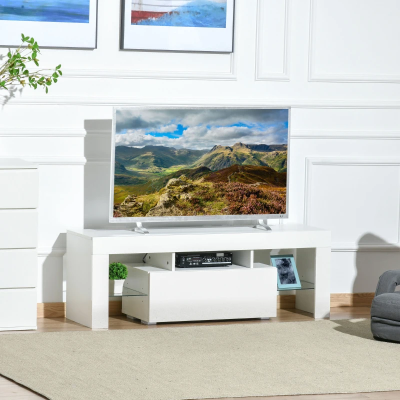 HOMCOM Mueble de TV Moderno Mesa para TV de Salón para Televisión con Luces LED con Mando a Distancia Estantes de Cristal Ajustables y Cajón 130x35x45 cm Blanco Brillante