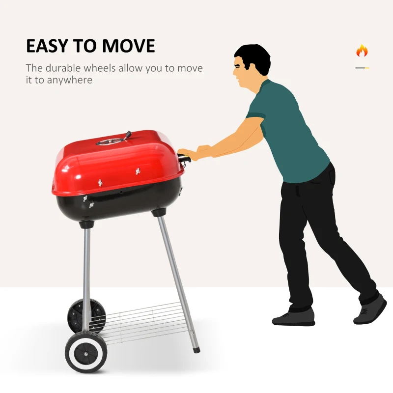 Outsunny Charcoal Trolley BBQ Barbecue Grill Patio Camping Picnic Garden Party Outdoor Cooking with Lid, Wheels and Storage Shelf, Black and Red