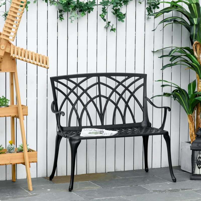 Outsunny 2-Seater Cast Aluminium Garden Bench Loveseat Outdoor Furniture Chair w/ Decorative Backrest & Ergonomic Armrest for Patio Terrace Porch