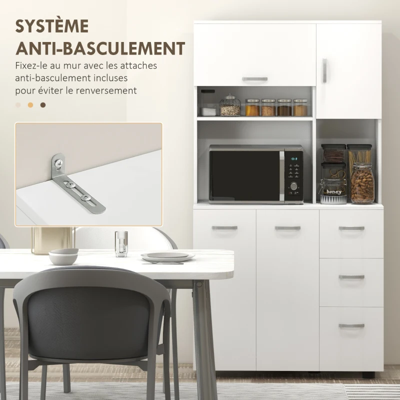 HOMCOM Armoire de cuisine multi-rangements 4 portes 3 tiroirs étagère + grand plateau 89L x 39,5l x 168H cm blanc