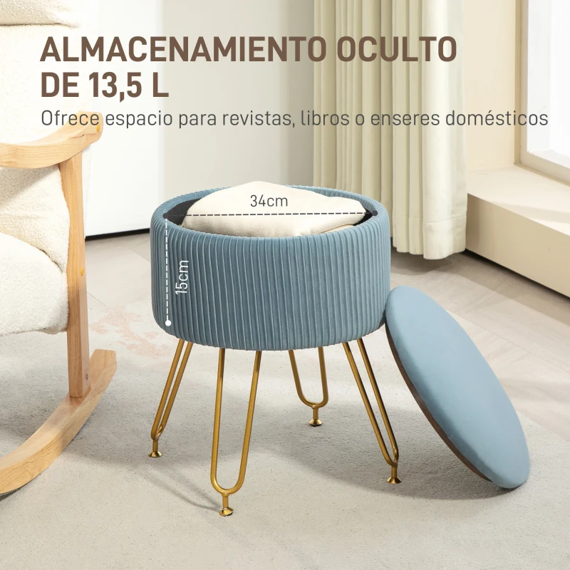 HOMCOM Puff Almacenaje Tapizado en Terciopelo Banco de Almacenaje con Patas de Acero Ø40x48 cm Azul Claro