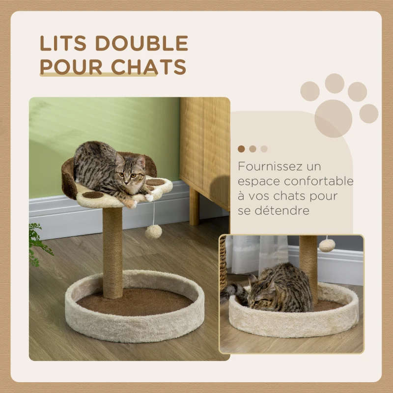 PawHut Arbre à chat griffoir grattoir en forme de patte 2 plateformes et un pompon suspendu hauteur 44 cm marron
