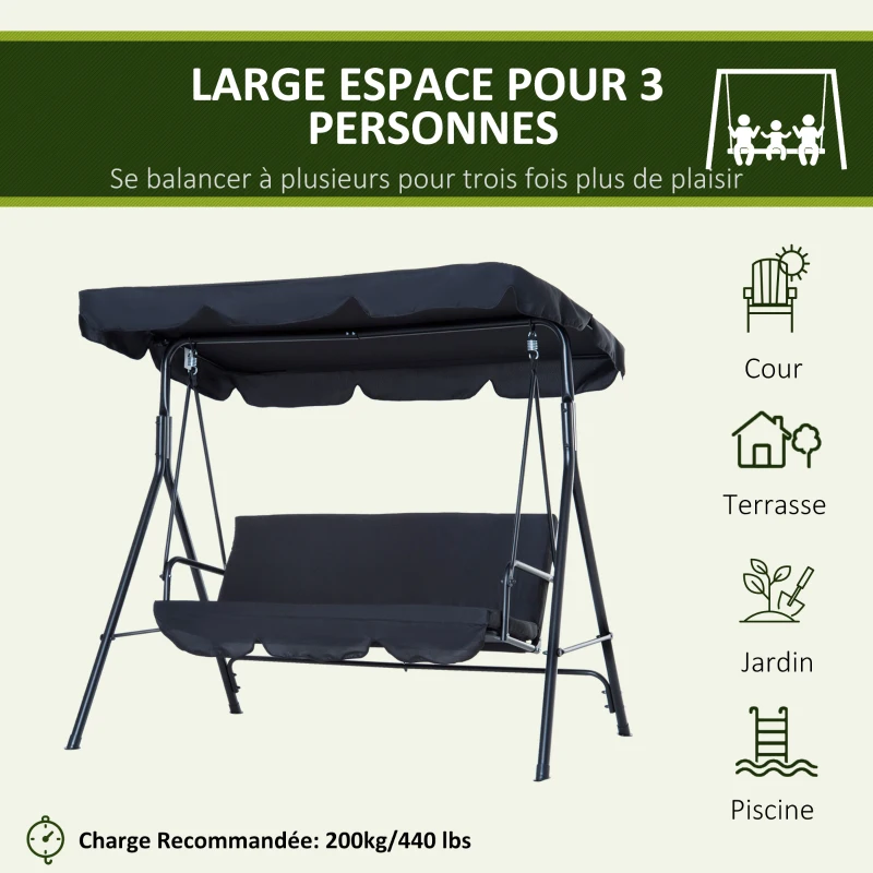 Outsunny Balancelle de Jardin 3 Places Toit Inclinaison réglable Coussins Assise et Dossier 1,72L x 1,1l x 1,53H m Acier Noir Polyester Noire