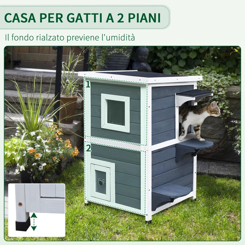 PawHut Cuccia per Gatti in Legno Impermeabile a 2 Piani, Casetta per Animali da Esterno con Tetto Apribile, 51x51x81.3cm
