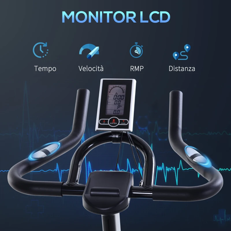 HOMCOM Cyclette da Camera con Trasmissione a Cinghia, Cyclette Professionale con Manubrio e Sellino Regolabili, Volano 6kg, Schermo LCD, Fino a 120kg, Nero e Azzurro