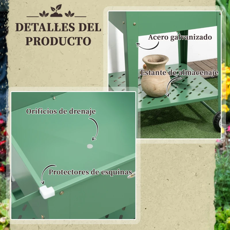 Outsunny Huerto Urbano Elevado con Ruedas de Acero Galvanizado con Estante y Asa Lateral para Plantas Cultivos 64x55x79 cm Verde