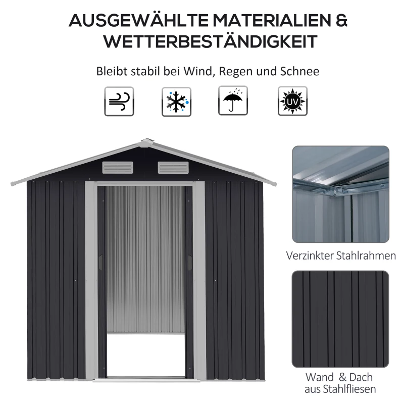 Outsunny Gartenhaus Geräteschuppen Gerätehaus Gartenchuppen, wetterbeständig, 2,6 m² Bodenfläche, rostfreier Stahl, 195,5 x 153 x 188 cm, Schwarz