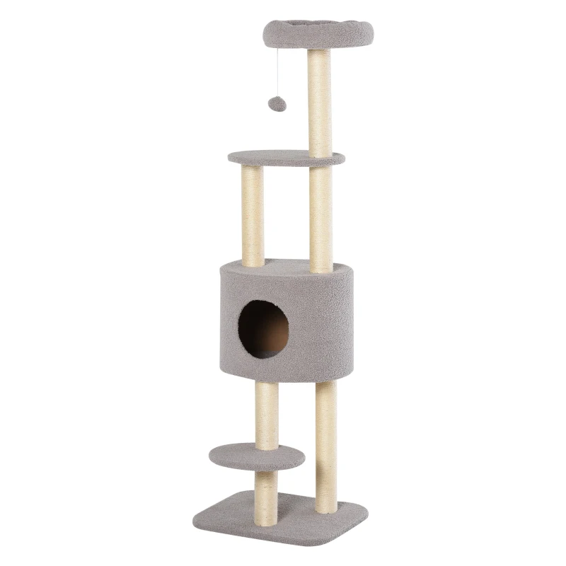 PawHut Albero Tiragraffi Robusto per Gatti con 5 Livelli, Cuccia, Casetta, Giochi e Corda Sisal, Grigio e Beige Max 30kg