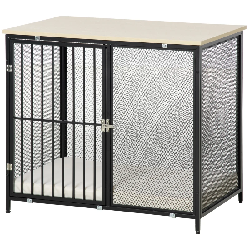 PawHut Jaula para Perros con Encimera Mesa Auxiliar con Perrera con Pestillo y Cojín Lavable 80x55x71 cm Roble y Negro