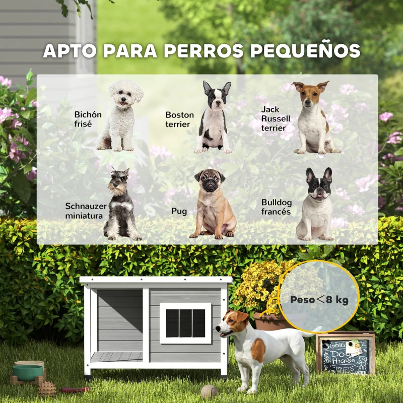 PawHut Casa para Perros de Madera 85,5x62x60 cm con Techo Asfáltico Abatible Puerta y Ventana para Perros Pequeños Gris