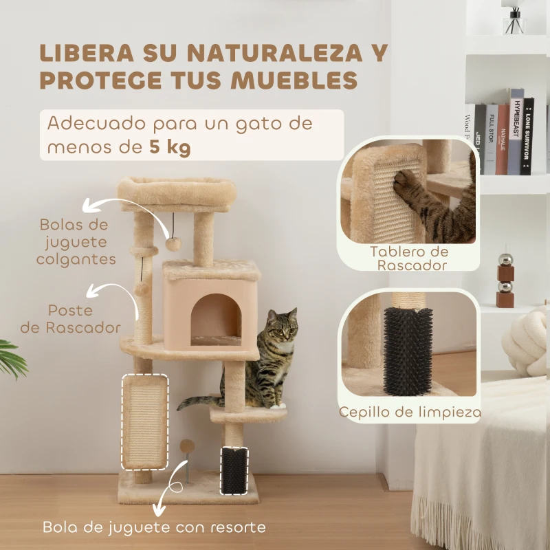 PawHut Árbol Rascador para Gatos Altura 104cm con Plataformas Poste con Cepillo Bolas Colgantes y Almohadilla para Rascar Beige