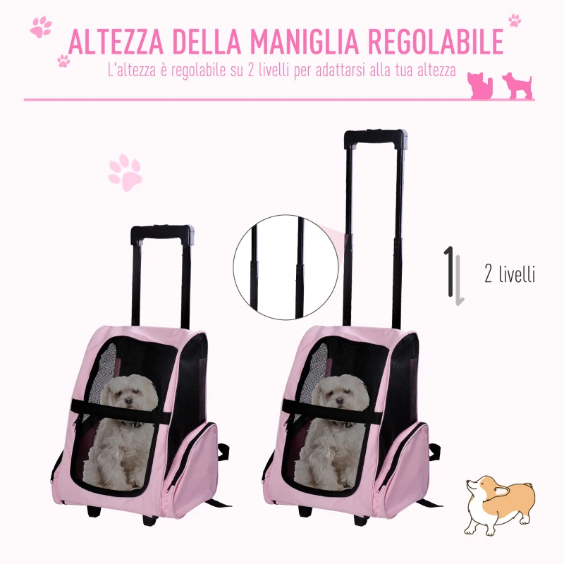 PawHut Trasportino Zaino 2 in 1 per Cani e Gatti con Tasche Laterali, Maniglia Telescopica e Ruote, 42x25x55cm, Rosa