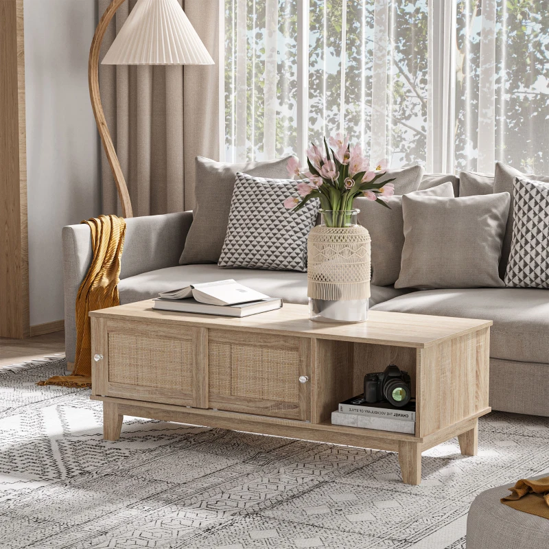 HOMCOM Couchtisch in Wienergeflecht-Optik mit offenen Schrankfächern und Schiebetüren 120 cm x 50 cm x 42,5 cm Natur