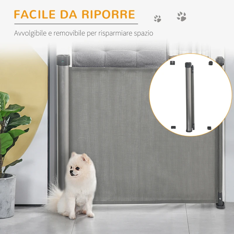 PawHut Cancelletto per Cani di Sicurezza per Cani Estensibile fino 140cm, Barriera Avvolgibile per Porte, Scale, Corridoi, Grigio