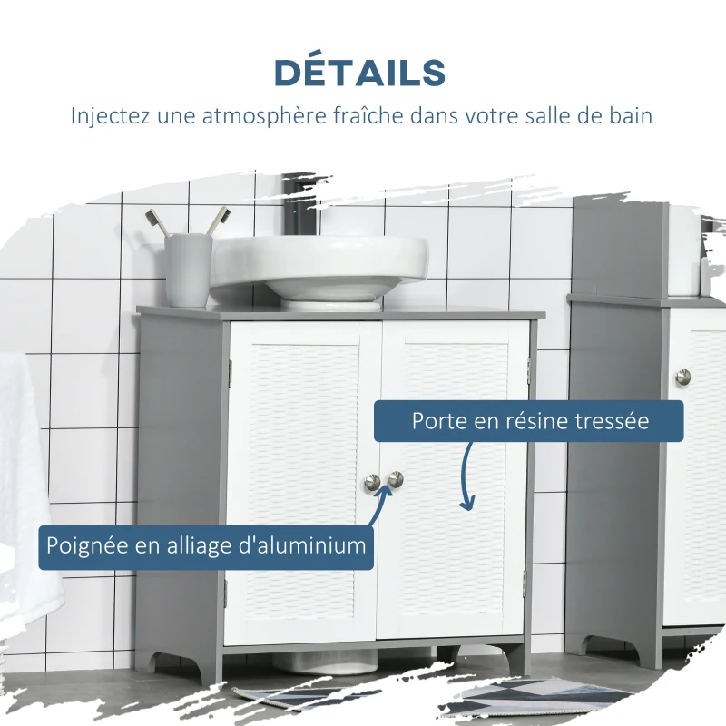 kleankin Meuble sous lavabo meuble sous évier placard 2 portes avec étagère 60 x 30 x 60 cm gris blanc