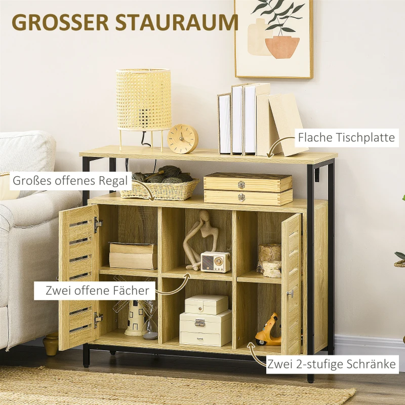 HOMCOM Kommode im Industrie-Design, Sideboard, Küchenschrank, 2 Regale, 2 Schränke, Schwarz + Natur