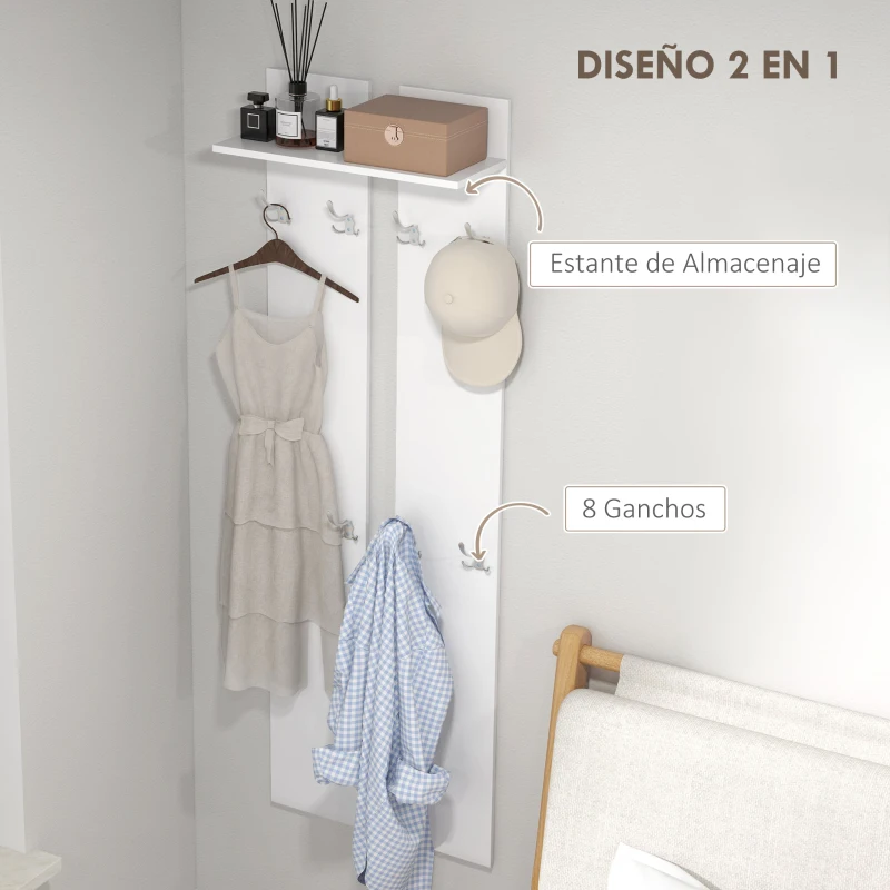 HOMCOM Perchero para Recibidor de Pared con 8 Ganchos y Estante para Entrada Pasillo 55x21,3x170 cm Blanco