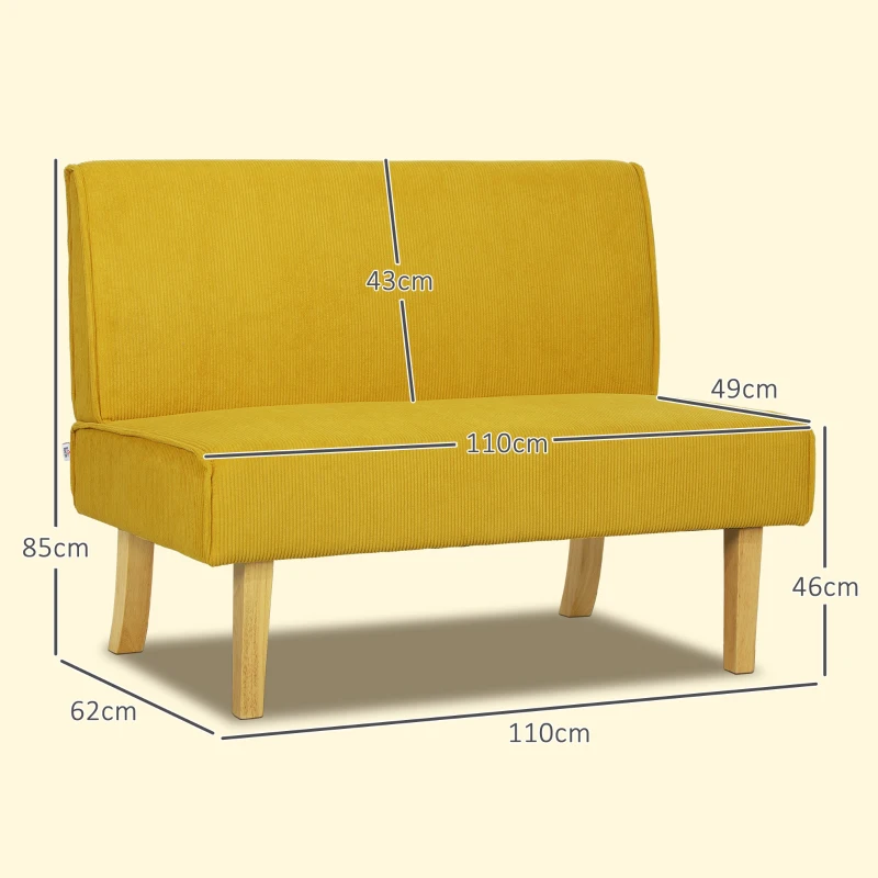 HOMCOM Zweisitzer-Sofa mit Cord-Bezug, dicker Polsterung und soliden Holzbeinen für Wohnzimmer, Schlafzimmer, Büro, Gelb(m-3)