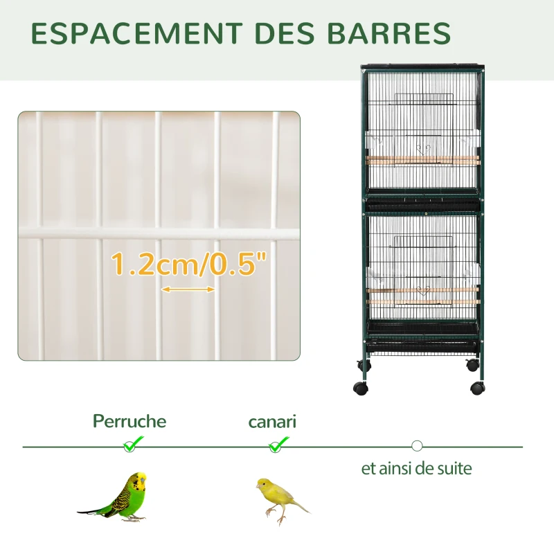 PawHut Grande Cage à Oiseaux sur pied double avec mangeoires perchoirs plateau amovible roulettes - Dim. 51,5L x 50l x 140H cm