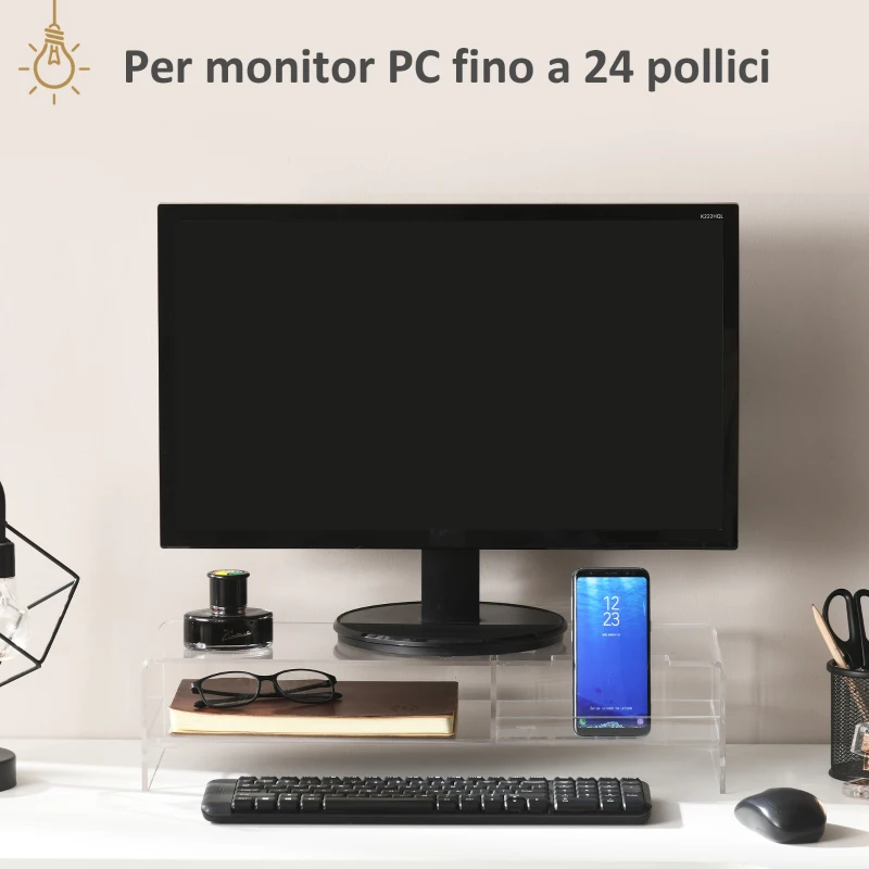 HOMCOM Supporto Monitor PC 24" max con 2 Ripiani Aperti, in Acrilico Trasparente, 50.8x19x12 cm
