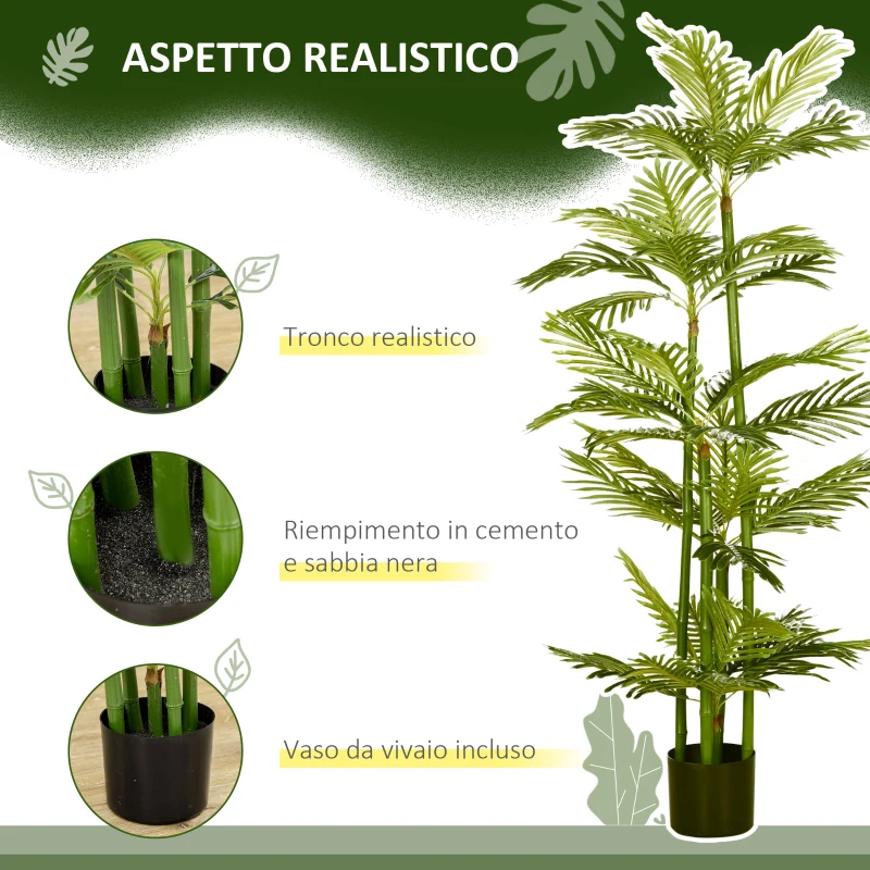 HOMCOM Pianta Artificiale di Palma da 140 cm a 45 Foglie e 5 Rami con Vaso Ø15x12 cm, per Interni ed Esterni, Verde