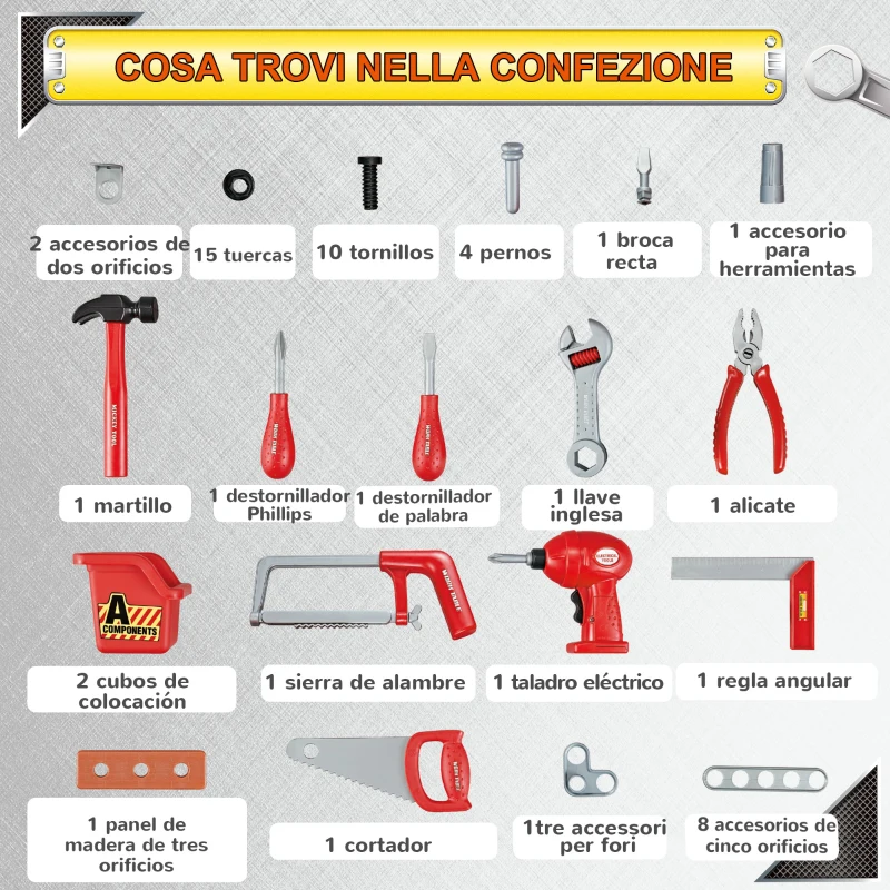 HOMCOM Banco de Herramientas para Niños de +3 Años Incluye 55 Piezas con Destornillador Eléctrico Llave Inglesa Alicates Juguete de Aprendizaje 69x26,5x75 cm Multicolor
