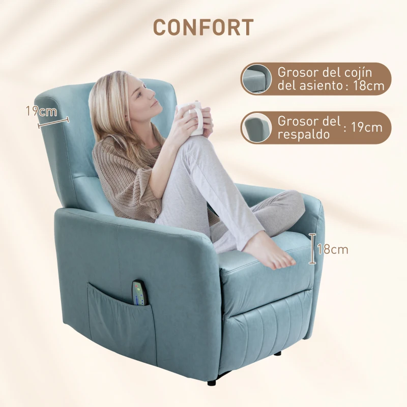 HOMCOM Sillón de Masaje Relax con Reclinación Manual 155° 8 Zonas de Masaje Mando a Distancia Tapizado en Tejido Técnico Reposapiés y 2 Bolsillos Laterales 79x101x96 cm Azul
