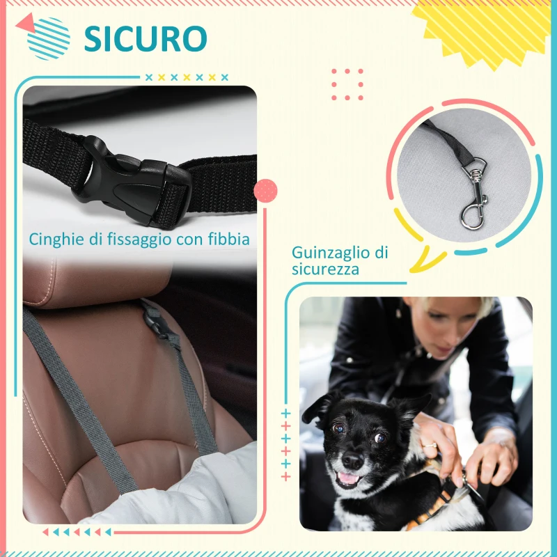 PawHut Seggiolino Auto per Cani Piccoli Sfoderabile e Lavabile con Cinghie di Sicurezza, Grigio Scuro