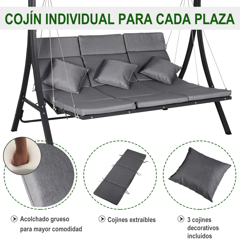 Outsunny Balancín con Toldo Ajustable de 3 Plazas Columpio de Jardín con Dosel Cojines para Exterior Terraza Patio Carga 270 kg 200x115x168 cm Gris