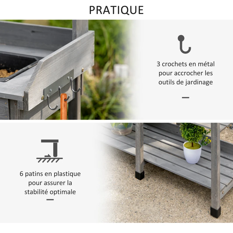 Outsunny Table de rempotage multi-équipée table de jardinage avec tiroir, 3 étagères, évier, 3 crochets - table de plantation bois sapin pré-huilé gris