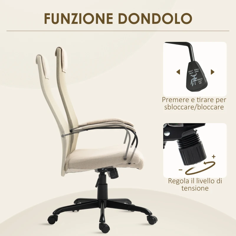 HOMCOM Sedia da Ufficio Ergonomica Girevole con Reclinazione, Altezza Regolabile e Ruote, 58x61x115-125cm, Beige